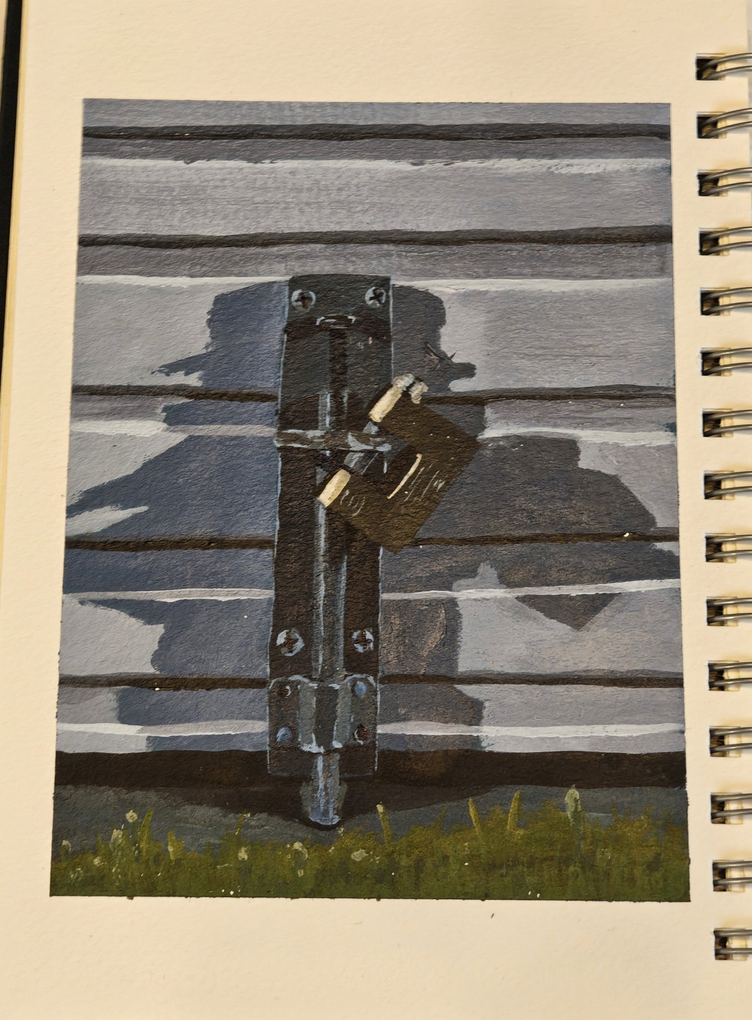 Acrylic study of a brass padlock on a garage door at night, two street lights casting crossed shadows, everything pushed towards blue