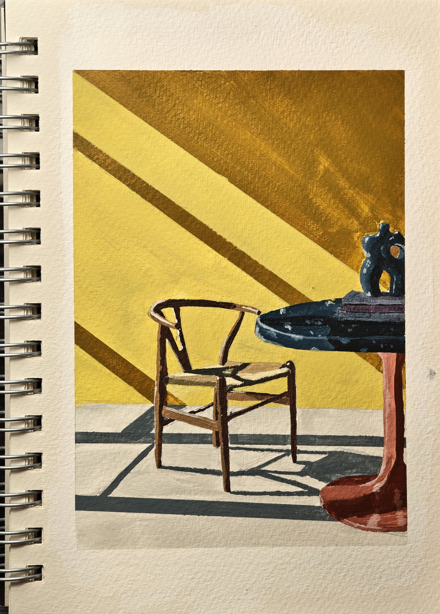 Acrylic study of a chair and a small table with a copper stand and marble top in strong sunlight, yellows, blues and muted reds