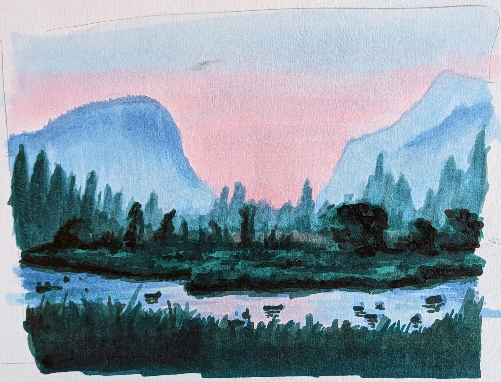 Alcohol marker landscape of mountains and pine trees reflected in water at dusk