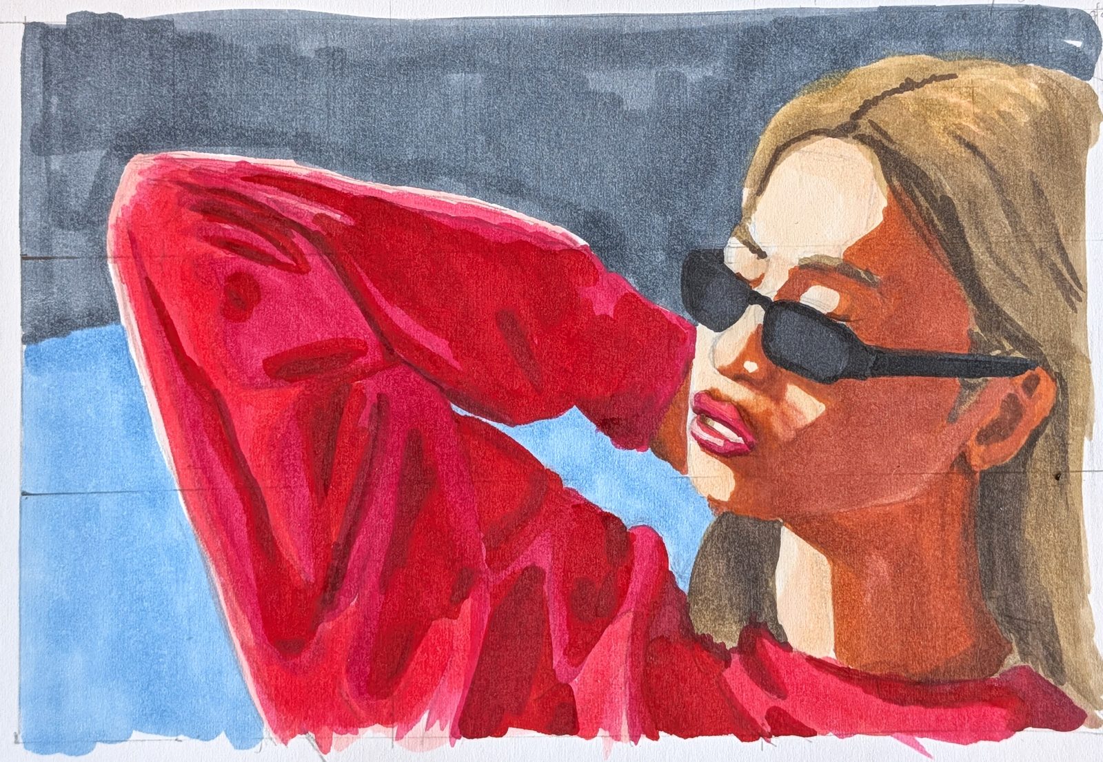Alcohol marker portrait of a woman in sunglasses and a red jacket, construction grid visible