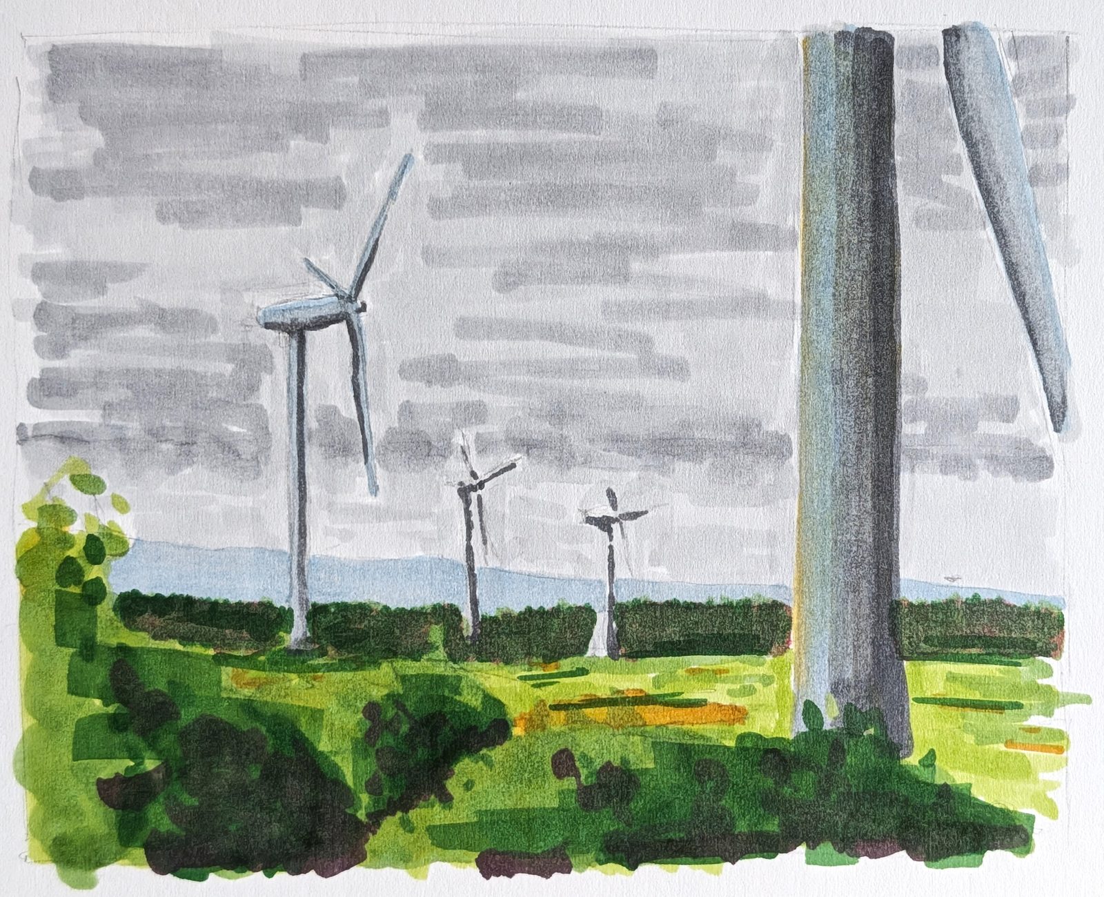 Plein air alcohol marker sketch of wind turbines in a field