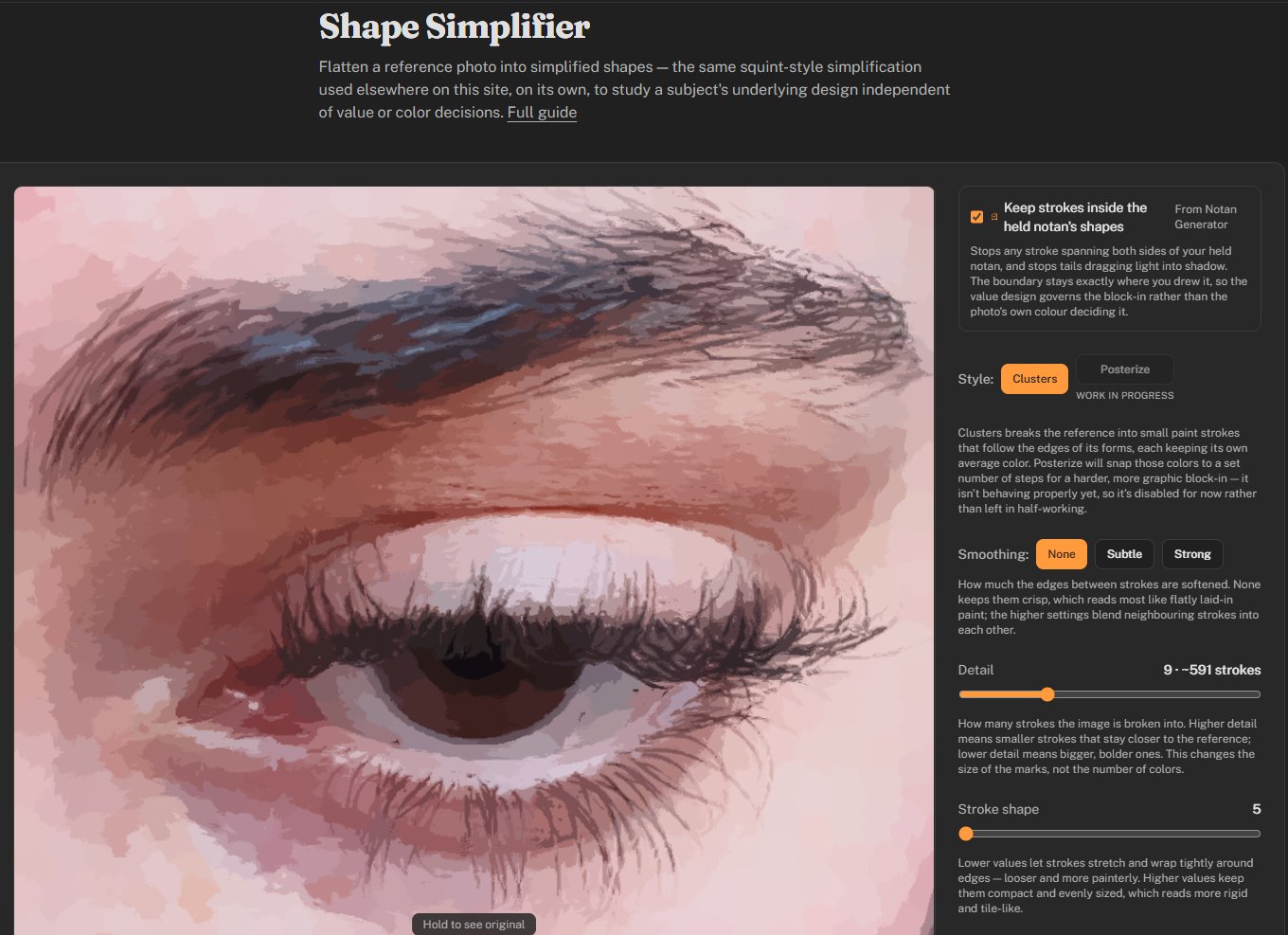 Shape Simplifier with the eye reference reduced to flat paint strokes, the notan mask option ticked