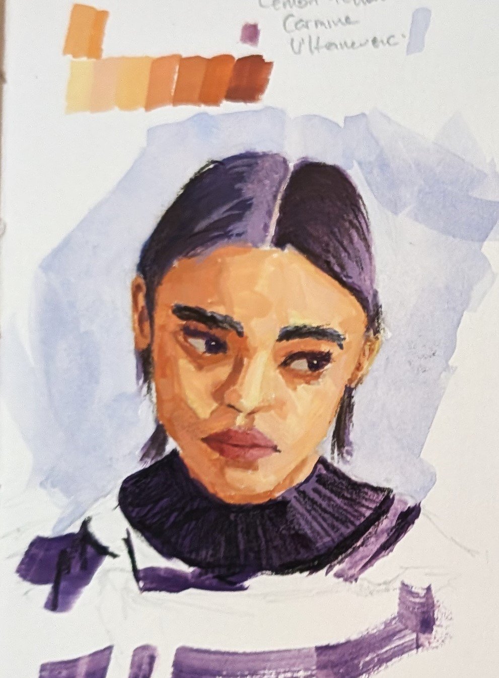 Gouache head of a woman with dark centre-parted hair and an olive complexion, painted in lemon yellow, carmine and ultramarine, with a swatch string at the top