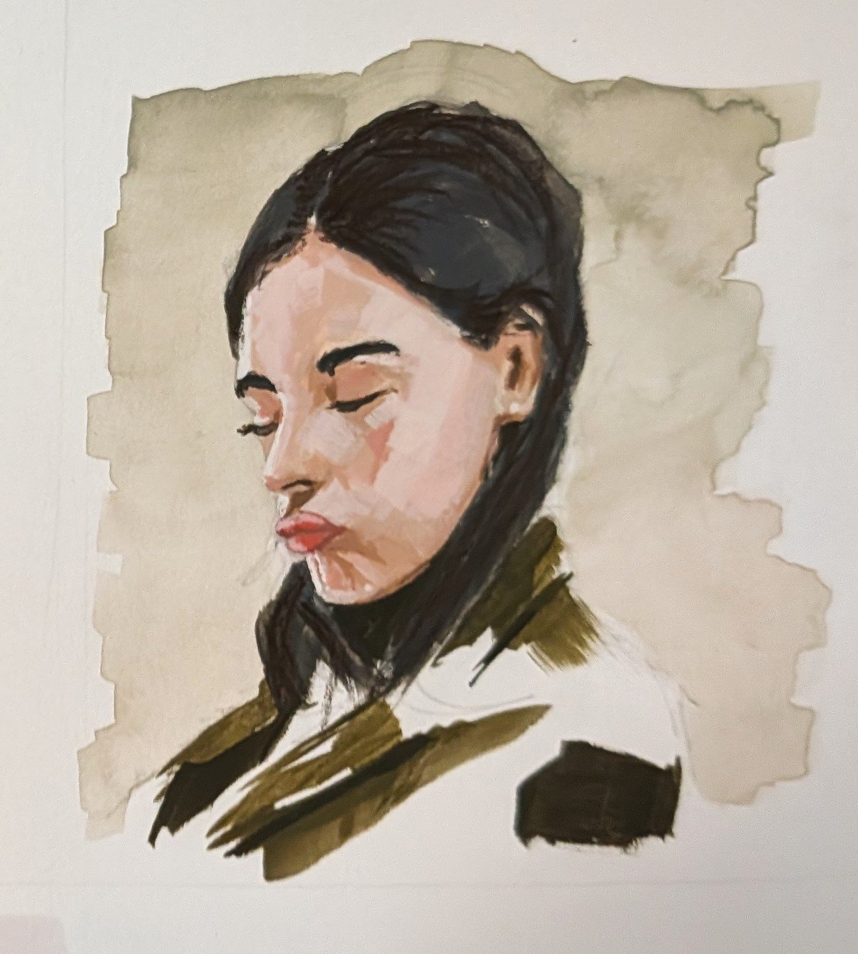 Gouache head of a woman with dark hair, eyes lowered and lips pouting, pale complexion under neutral light, on a yellow-ochre wash