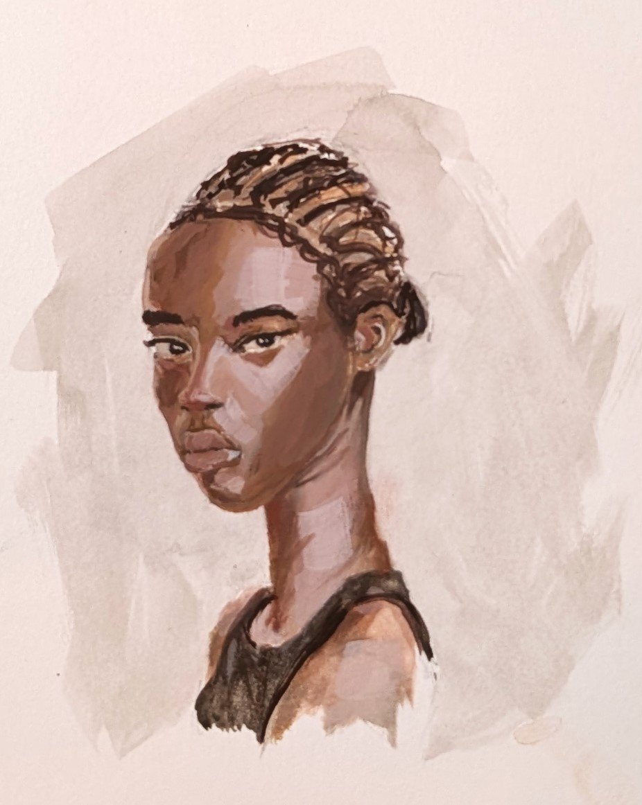Gouache head of a woman with braided hair and a deep brown complexion, on a pale wash