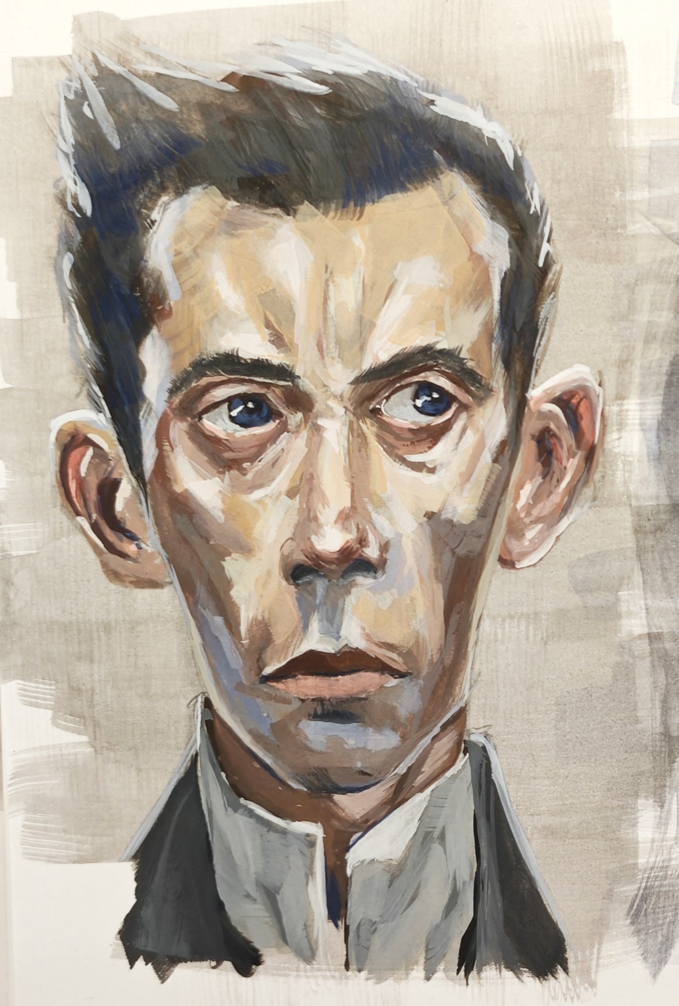Gouache study after Cedric Peyravernay's Lord Pendleton: a gaunt man with swept-back dark hair and blue eyes, painted in muted, desaturated Zorn mixes against a grey-brown wash