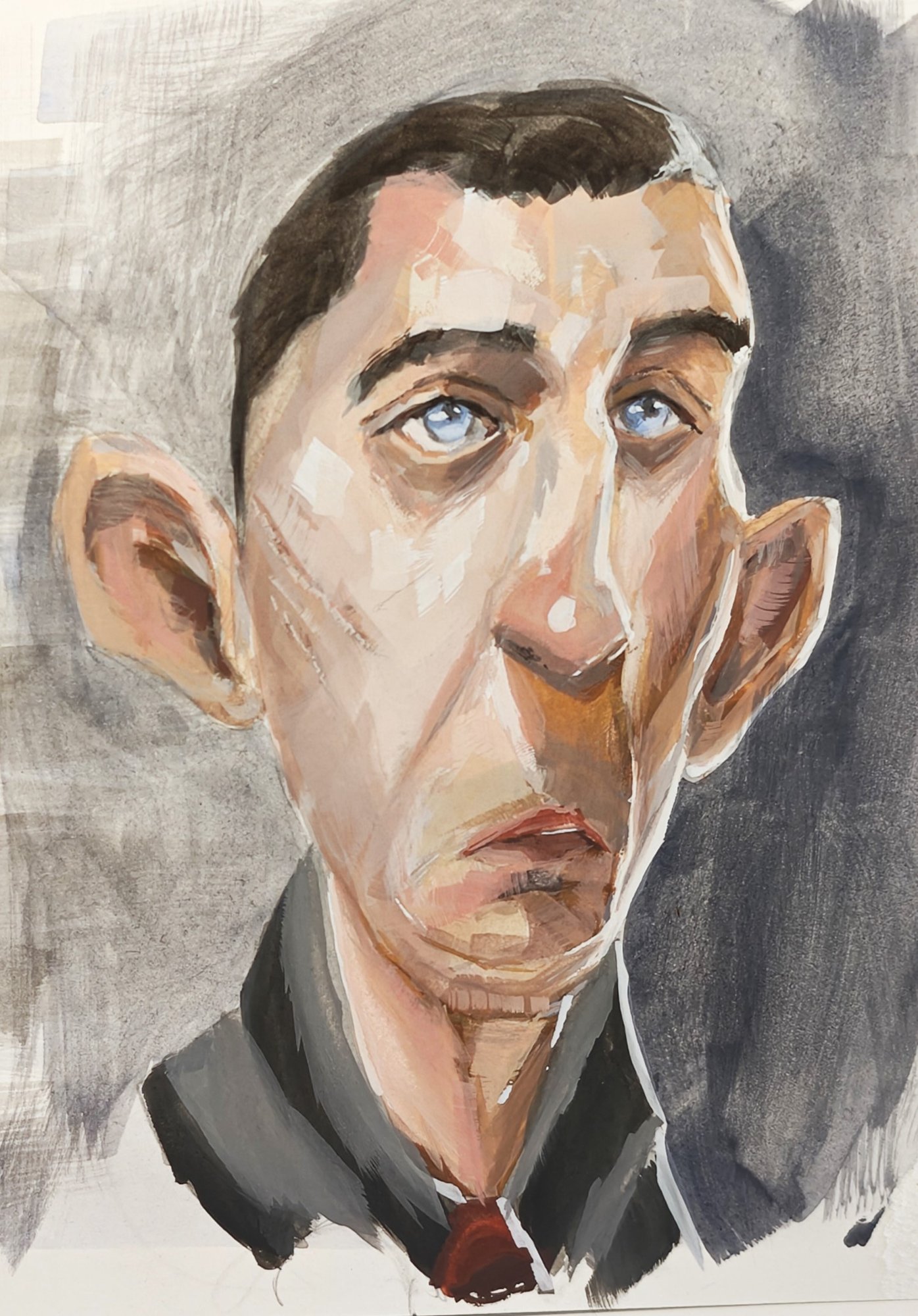 Gouache study after Ahmed Aldoori's Face Practice: a man with cropped hair and large ears looking up and to the left, warm saturated skin with pink in the cheeks, against a grey wash