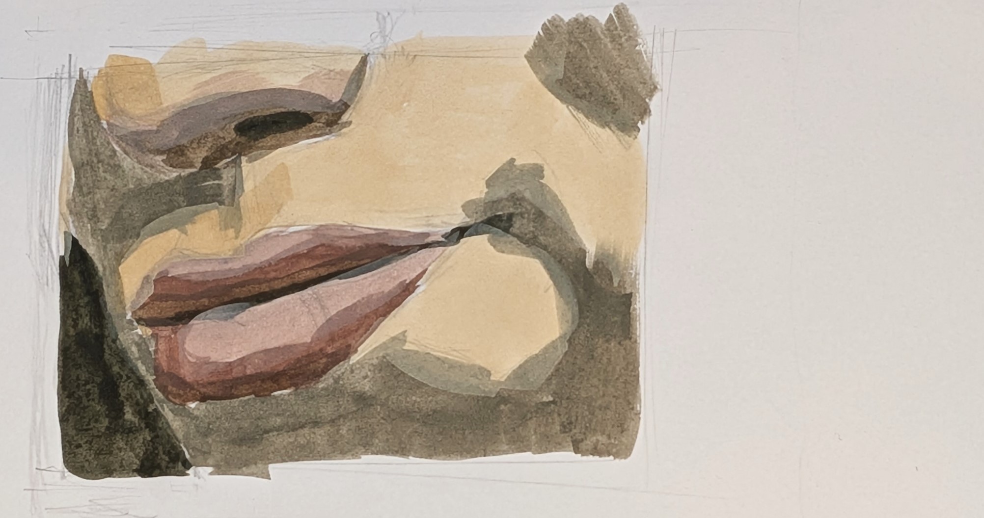 The lip study at the value-wash stage: a thin warm grisaille following the notan, with no local colour yet
