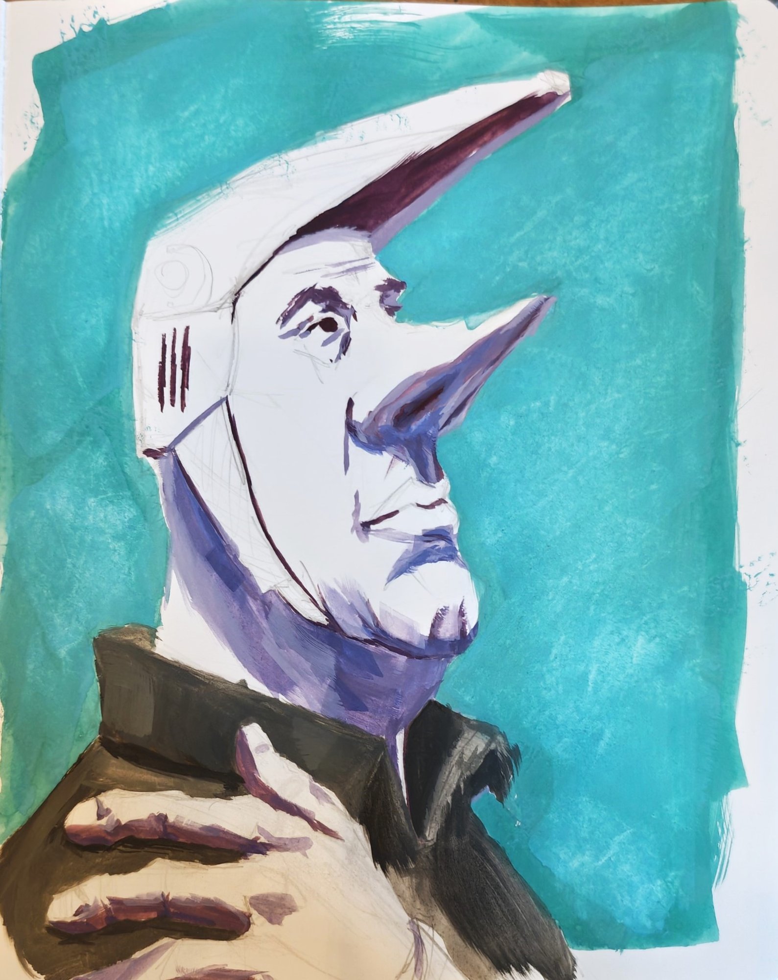 The painting at the shadow stage: violet shadow shapes blocked in on the face, hood and hand over a turquoise background, lights still bare paper