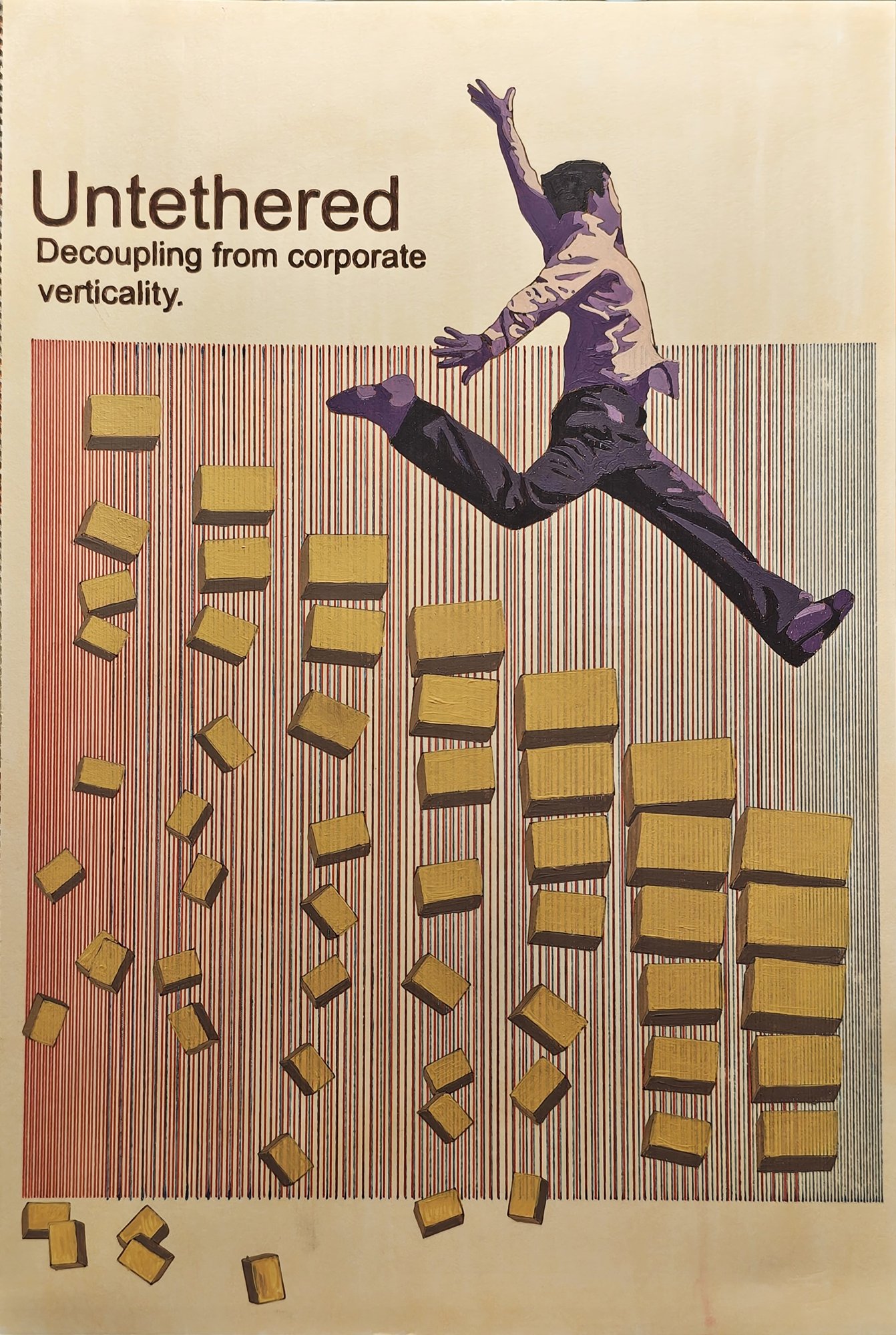 Poster titled Untethered, Decoupling from corporate verticality: a purple figure leaping off a stack of tumbling gold boxes, over plotted vertical lines on a yellowed sheet