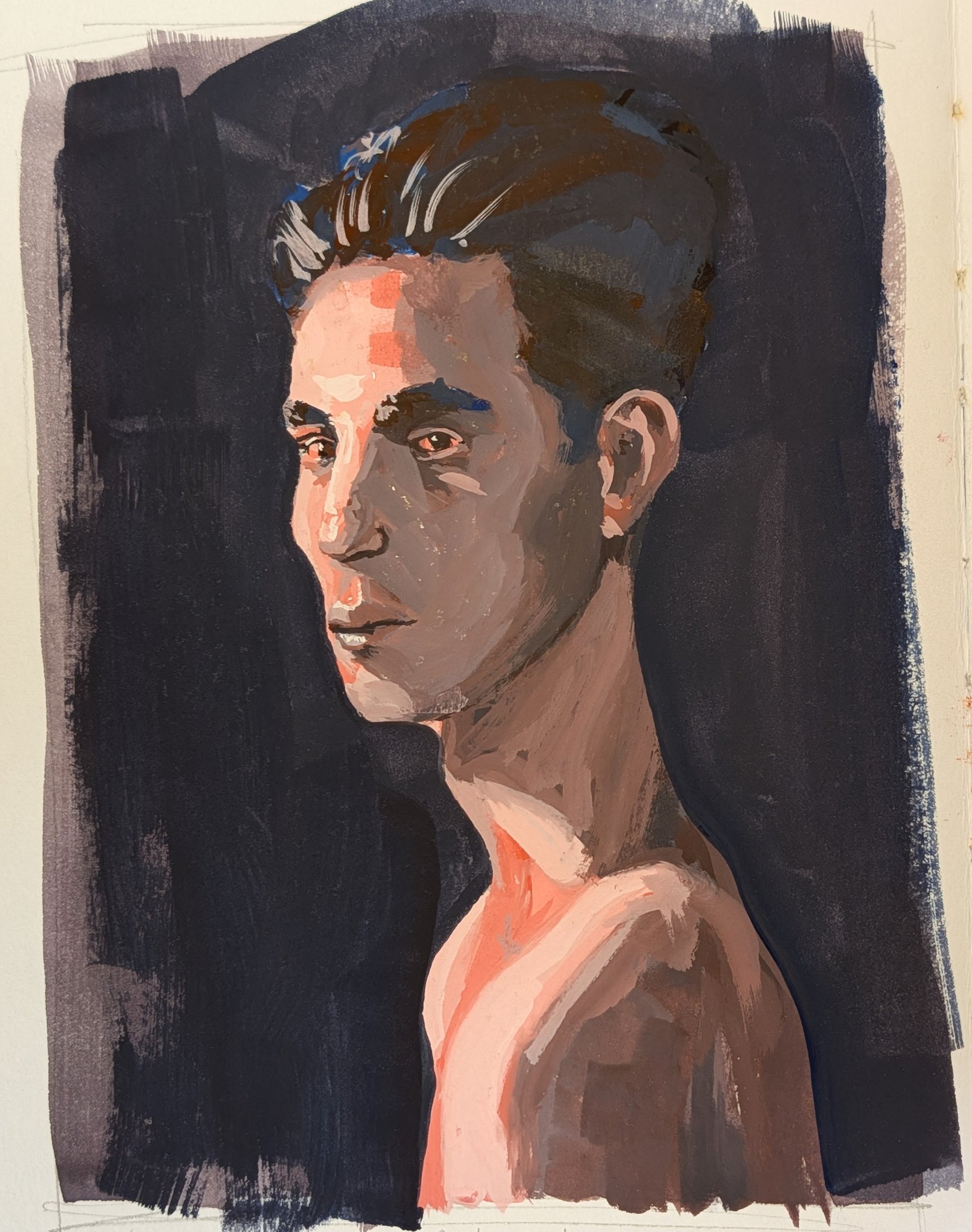 Larger gouache portrait in three-quarter view, in Prussian blue and flame red against a dark background