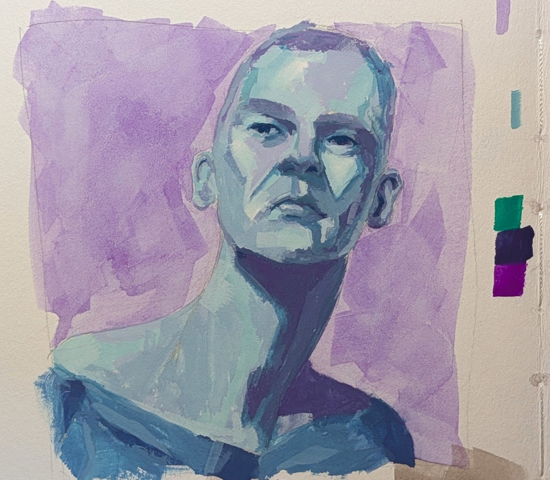 Larger gouache portrait in emerald green and violet, head tilted back, on cold-pressed paper, with swatches at the right edge