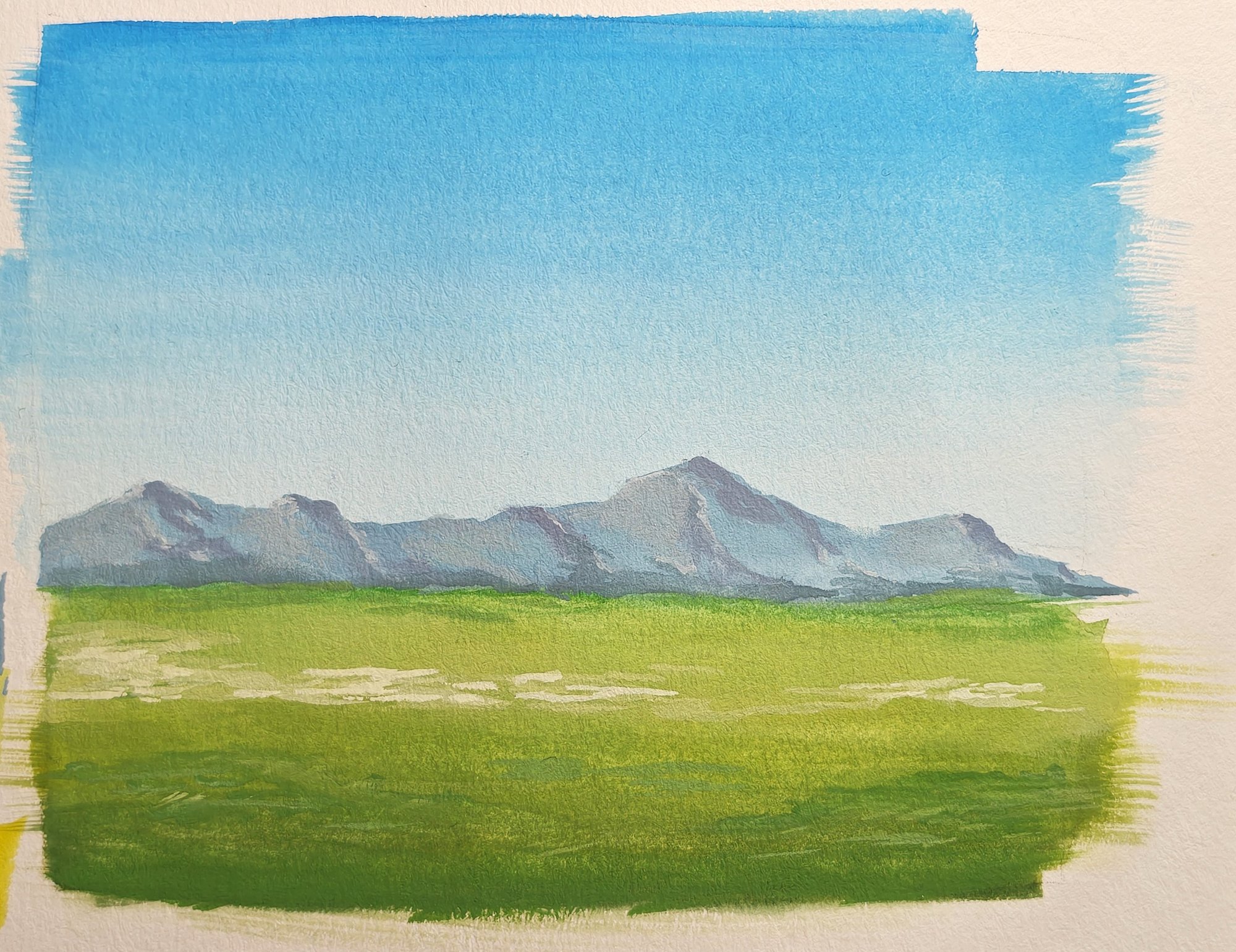 Gouache study of a blue sky graded from deep blue to pale at the horizon, a row of grey-violet mountains, and a green field with lighter strokes in the distance