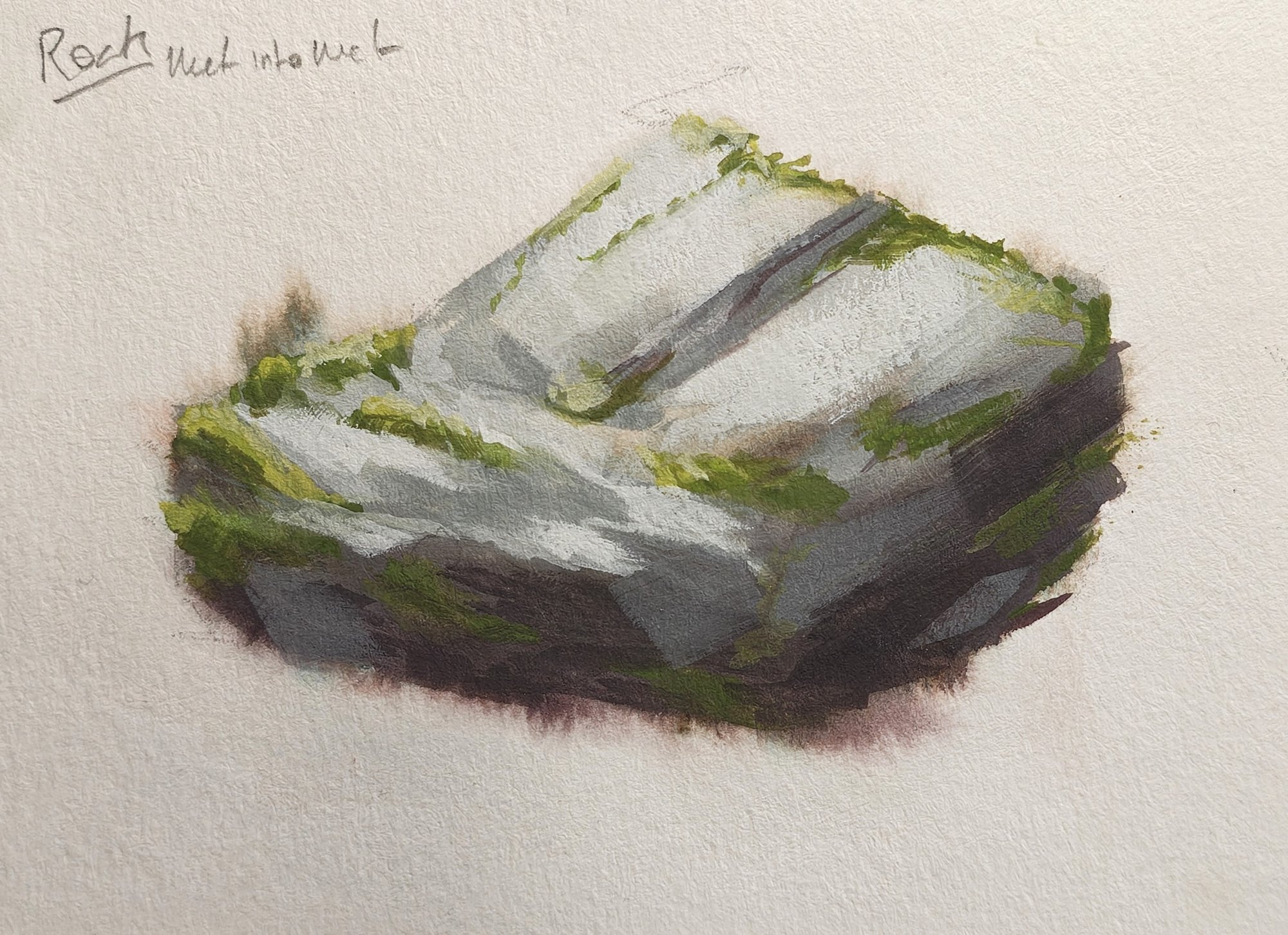 Gouache study of a mossy grey rock on white paper, the shadow side feathering softly into the page where the wet-in-wet wash was carried out by the water